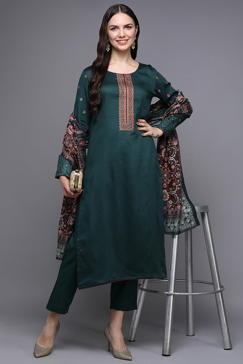 Green Pure Cotton Floral Straight Suit Set VKSKD1951