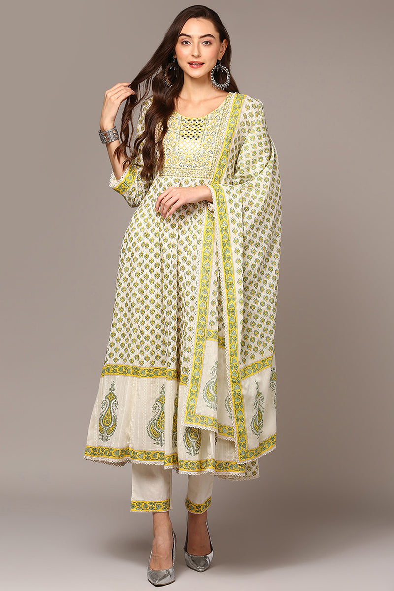 Off White Pure Cotton Ethnic Motif Printed Flared Suit Set VKSKD1957