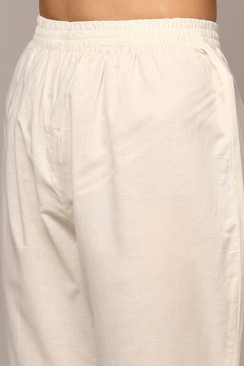 Off White Pure Cotton Ethnic Motif Printed Flared Suit Set VKSKD1957