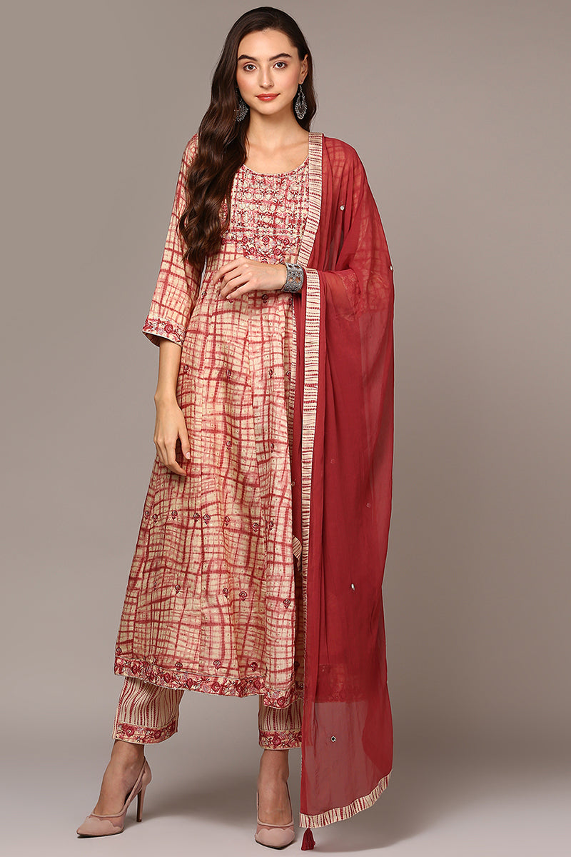Red Silk Blend Abstract Printed Flared Suit Set VKSKD1959