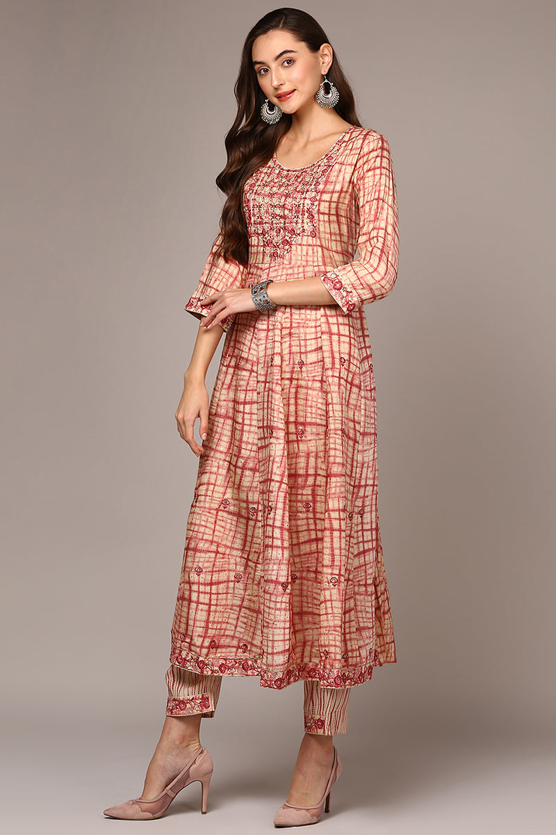 Red Silk Blend Abstract Printed Flared Suit Set VKSKD1959