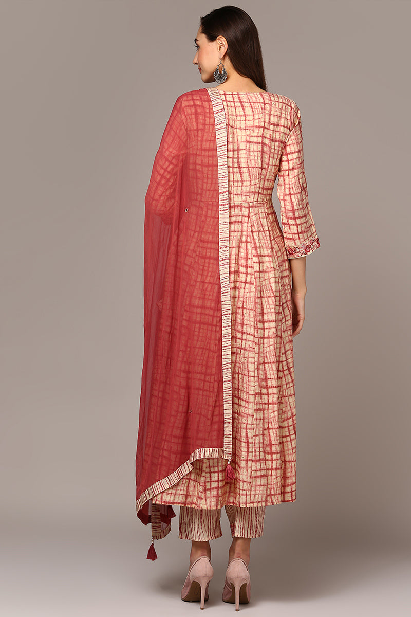 Red Silk Blend Abstract Printed Flared Suit Set VKSKD1959