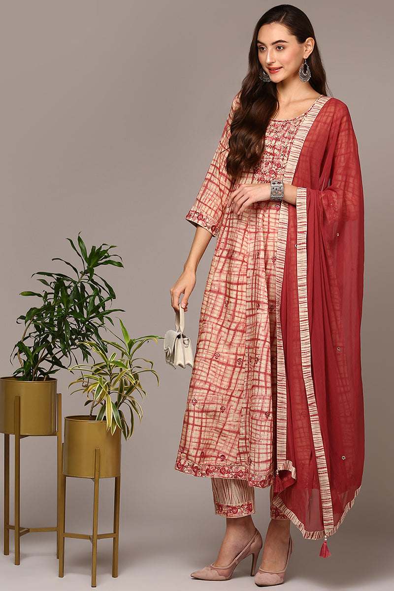 Red Silk Blend Abstract Printed Flared Suit Set VKSKD1959
