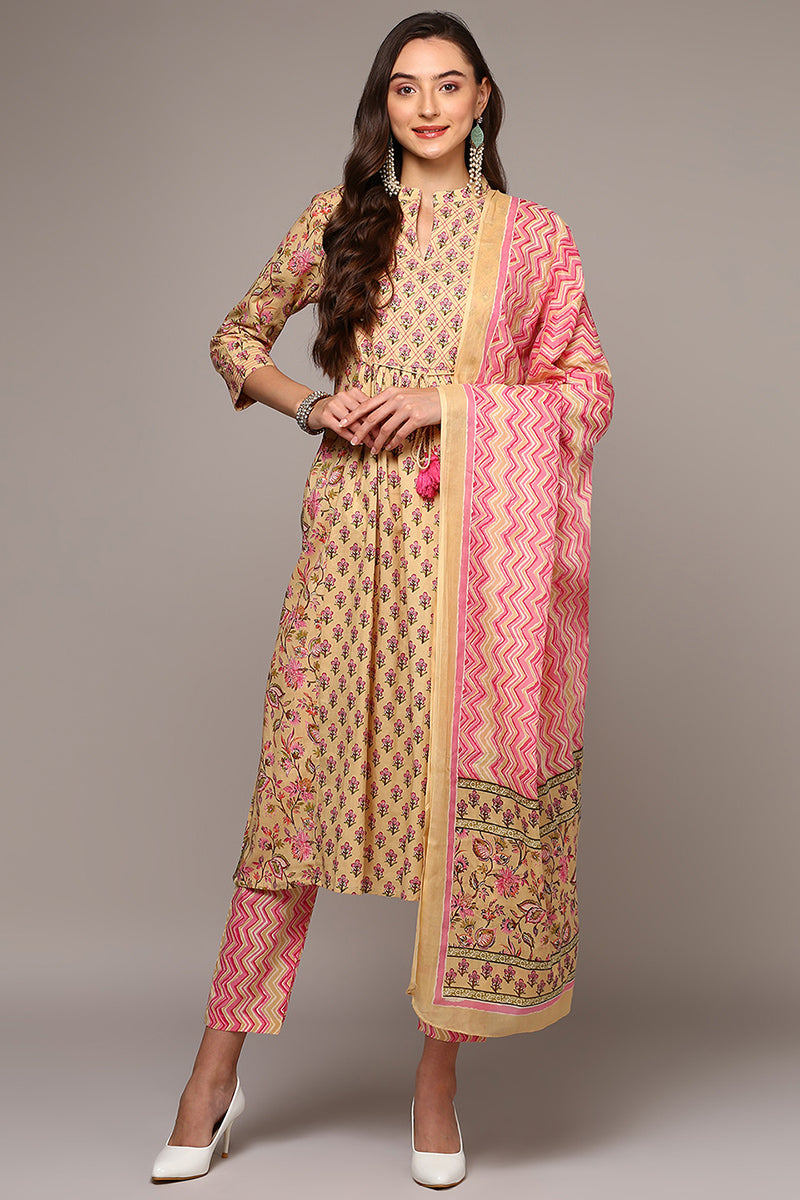Cream Pure Cotton Printed Flared Suit Set VKSKD1966