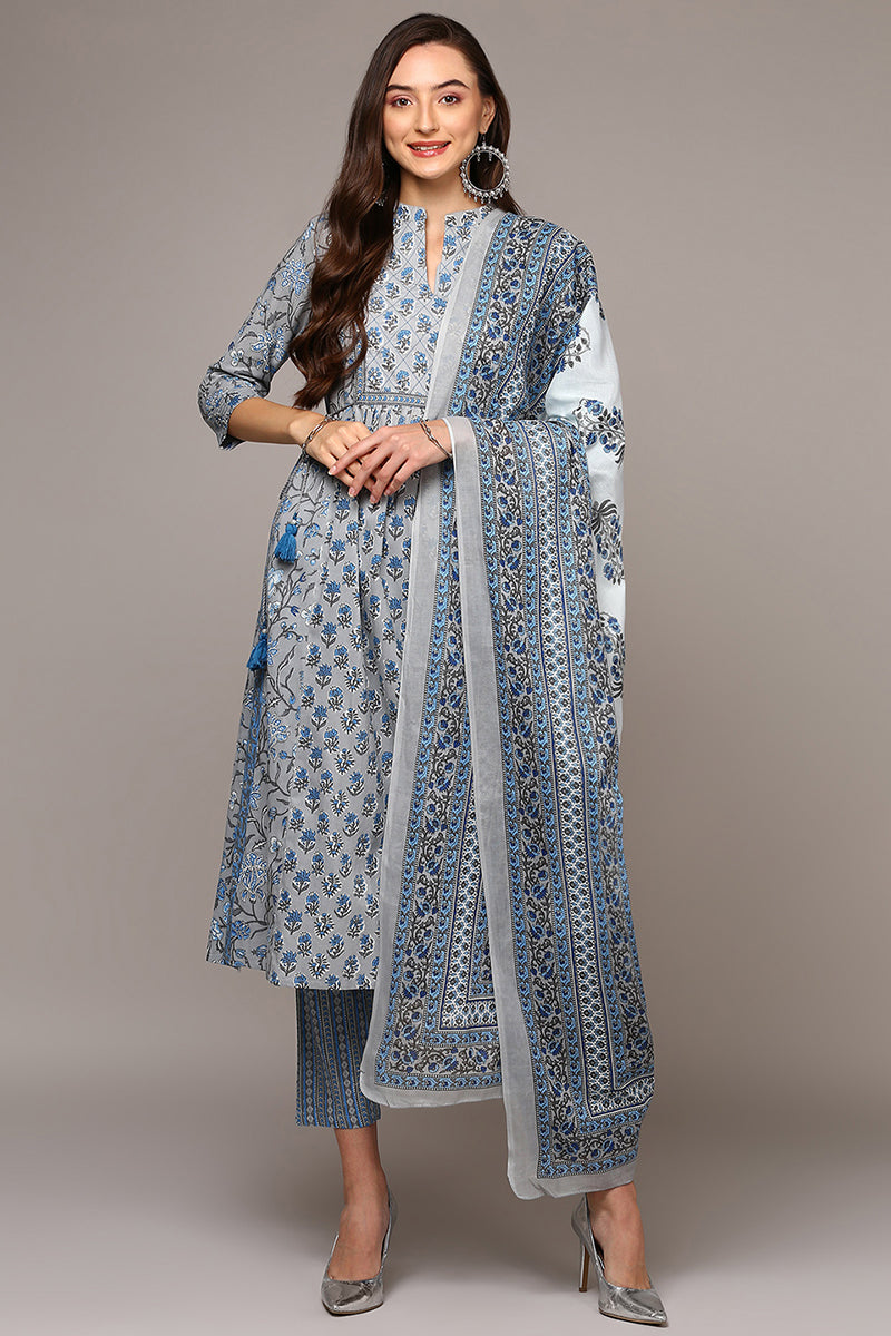 Grey Pure Cotton Printed Flared Suit Set VKSKD1967