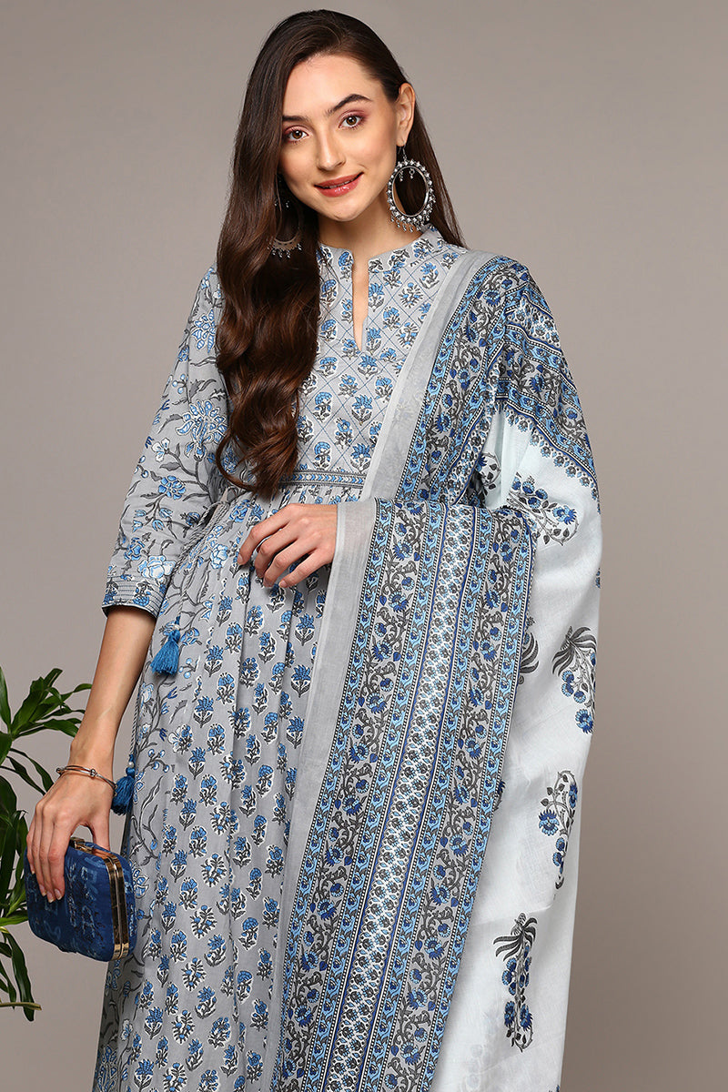 Grey Pure Cotton Printed Flared Suit Set VKSKD1967