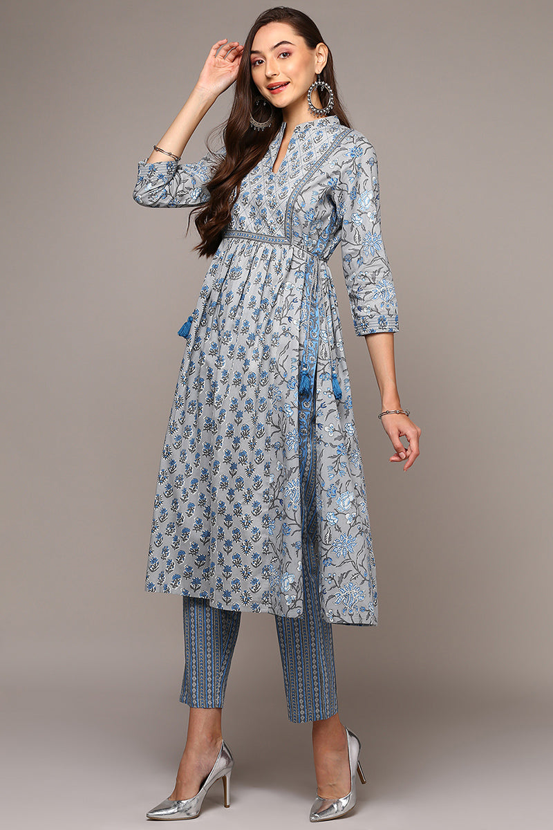 Grey Pure Cotton Printed Flared Suit Set VKSKD1967