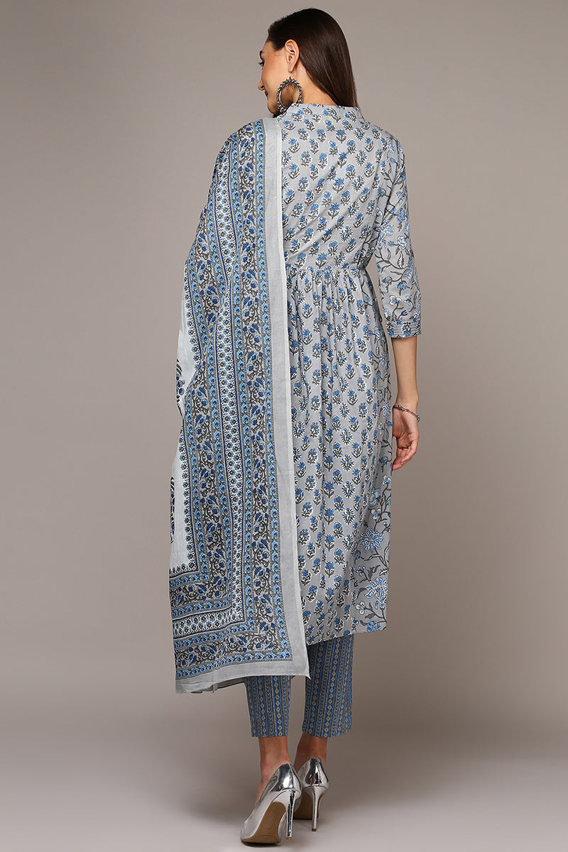 Grey Pure Cotton Printed Flared Suit Set VKSKD1967