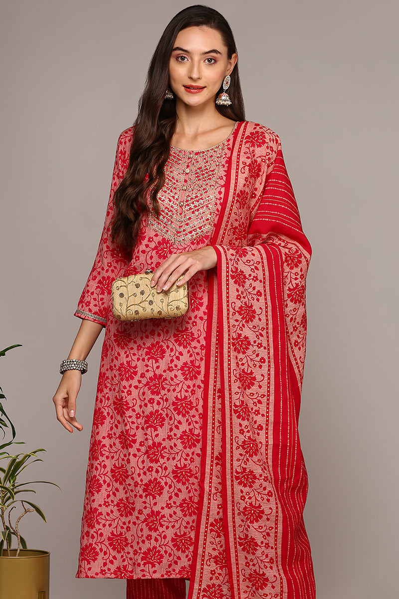 Pink Silk Blend Printed Straight Suit Set VKSKD1977