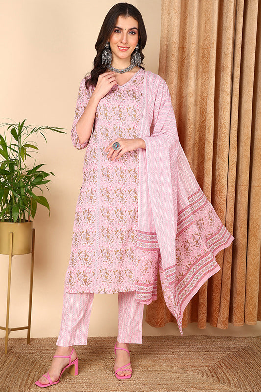 Plus Size Pink Pure Cotton Floral Printed Straight Suit Set VKSKD2009