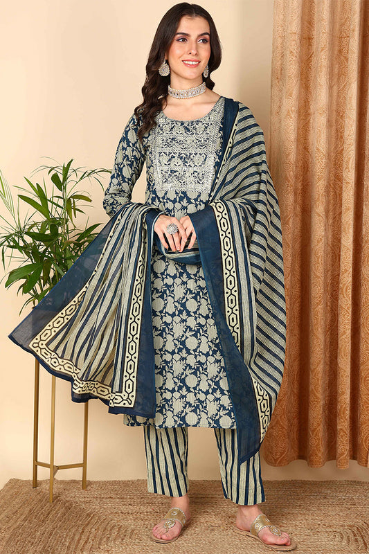 Navy Blue Pure Cotton Floral Printed Straight Suit Set VKSKD2015