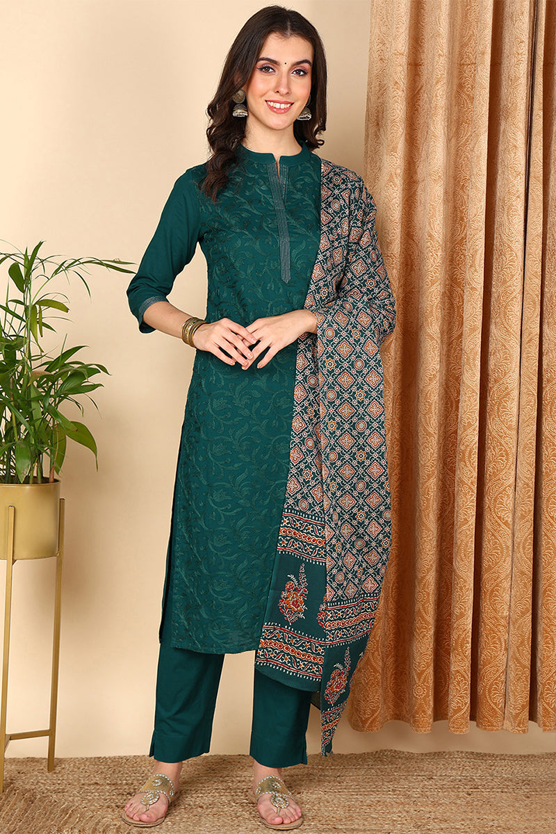 Teal Pure Cotton Floral Embroidered Straight Suit Set VKSKD2019