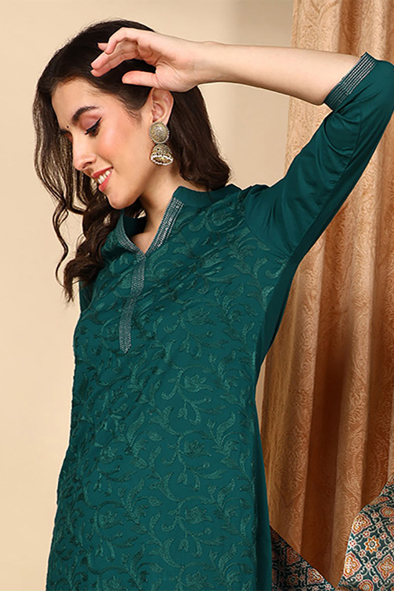 Teal Pure Cotton Floral Embroidered Straight Suit Set VKSKD2019