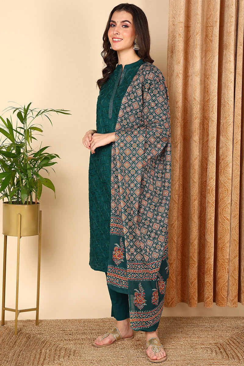 Teal Pure Cotton Floral Embroidered Straight Suit Set VKSKD2019