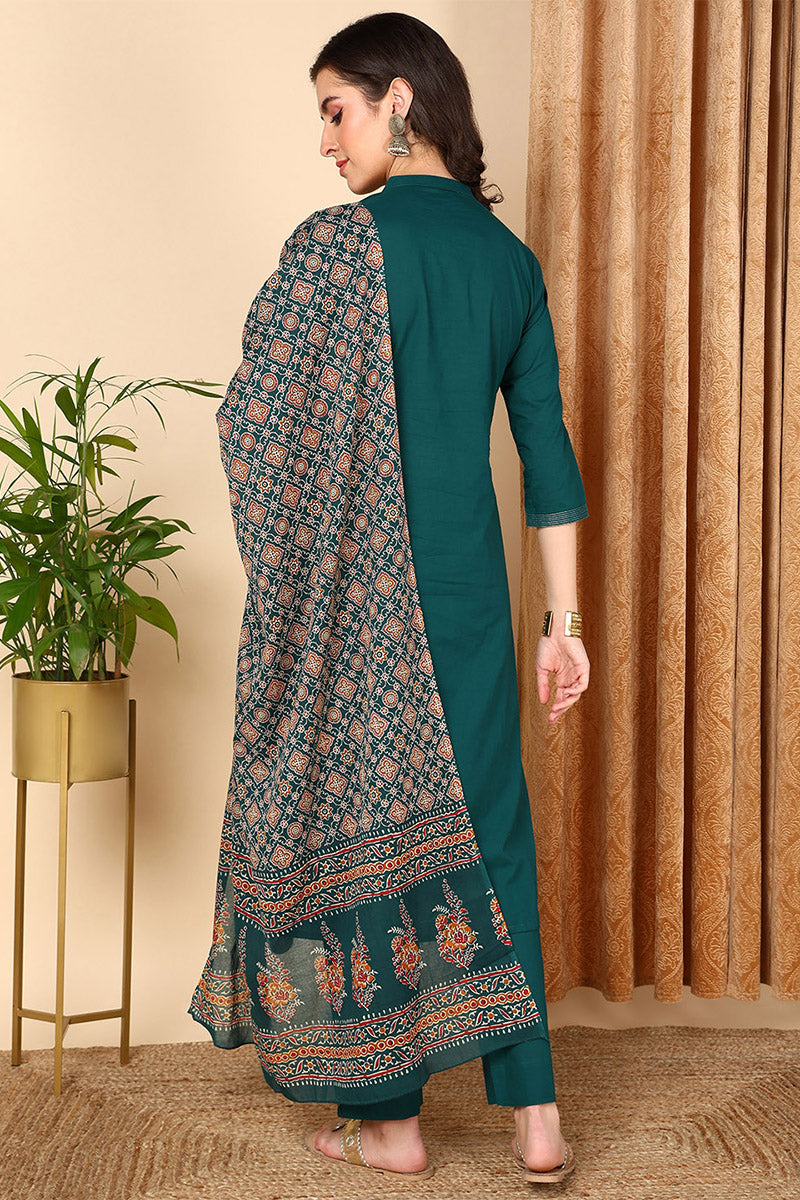 Teal Pure Cotton Floral Embroidered Straight Suit Set VKSKD2019