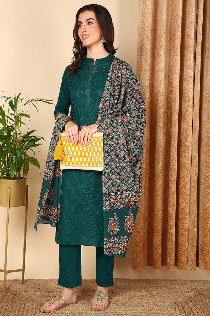 Teal Pure Cotton Floral Embroidered Straight Suit Set VKSKD2019
