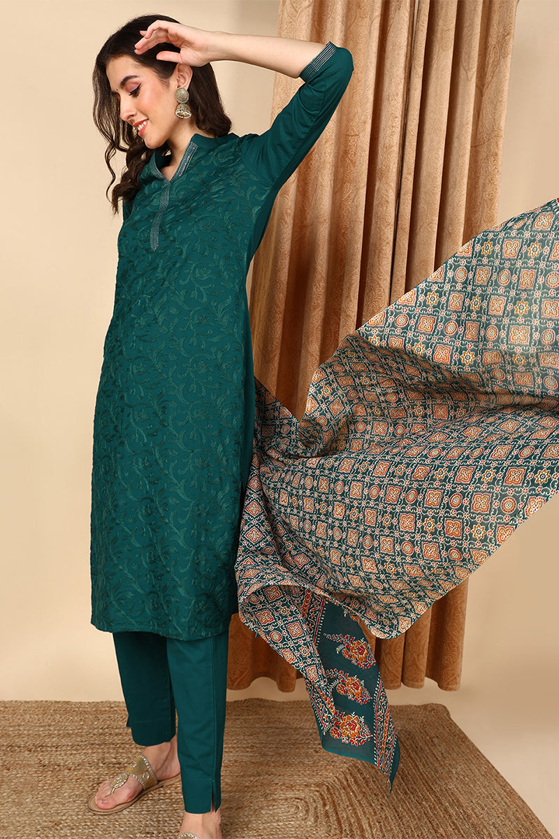 Teal Pure Cotton Floral Embroidered Straight Suit Set VKSKD2019