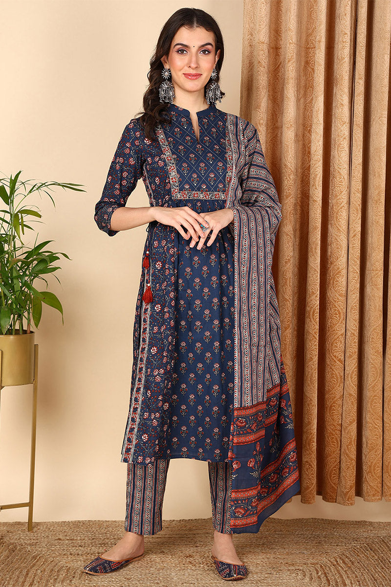 Blue Pure Cotton Floral Printed Yoke Design A-Line Suit Set VKSKD2022