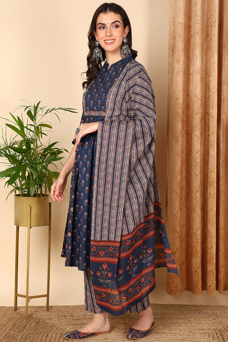Blue Pure Cotton Floral Printed Yoke Design A-Line Suit Set VKSKD2022