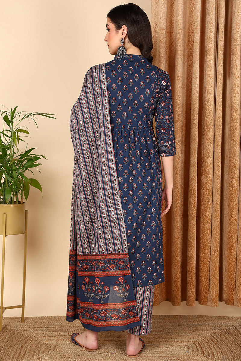 Blue Pure Cotton Floral Printed Yoke Design A-Line Suit Set VKSKD2022