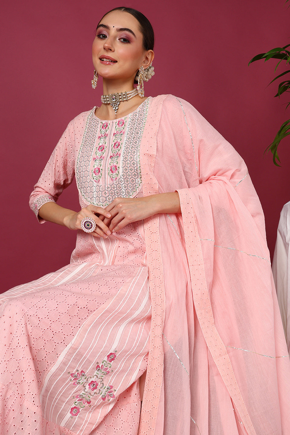 Pink Pure Cotton Ethnic Motifs Printed Yoke Design A-Line Suit Set VKSKD2029