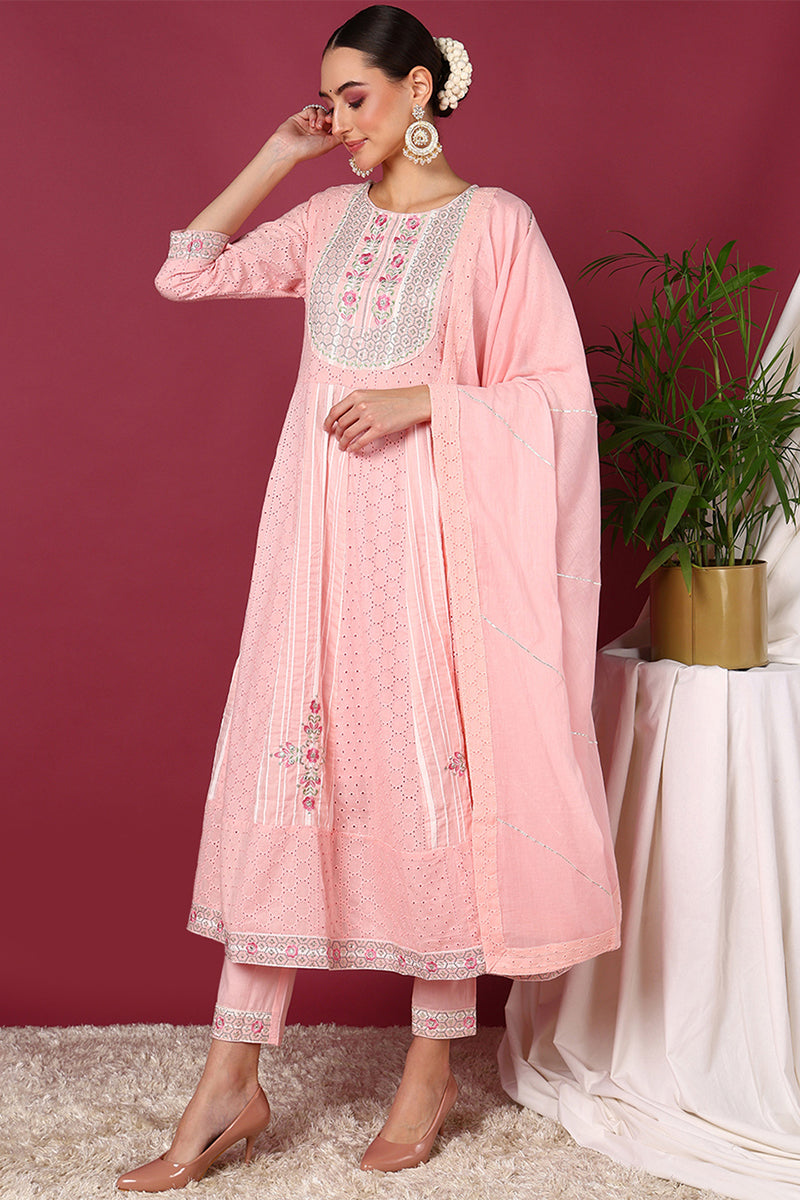Pink Pure Cotton Ethnic Motifs Printed Yoke Design A-Line Suit Set VKSKD2029