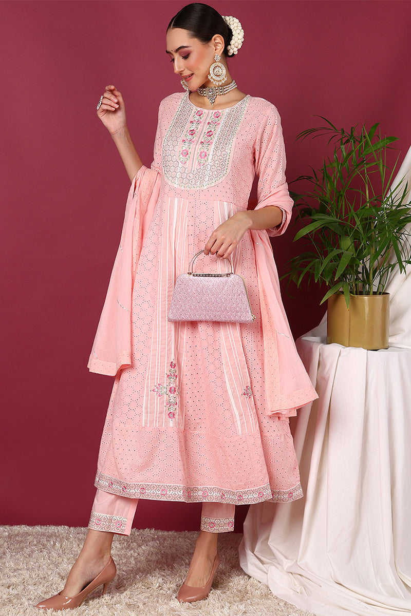 Pink Pure Cotton Ethnic Motifs Printed Yoke Design A-Line Suit Set VKSKD2029
