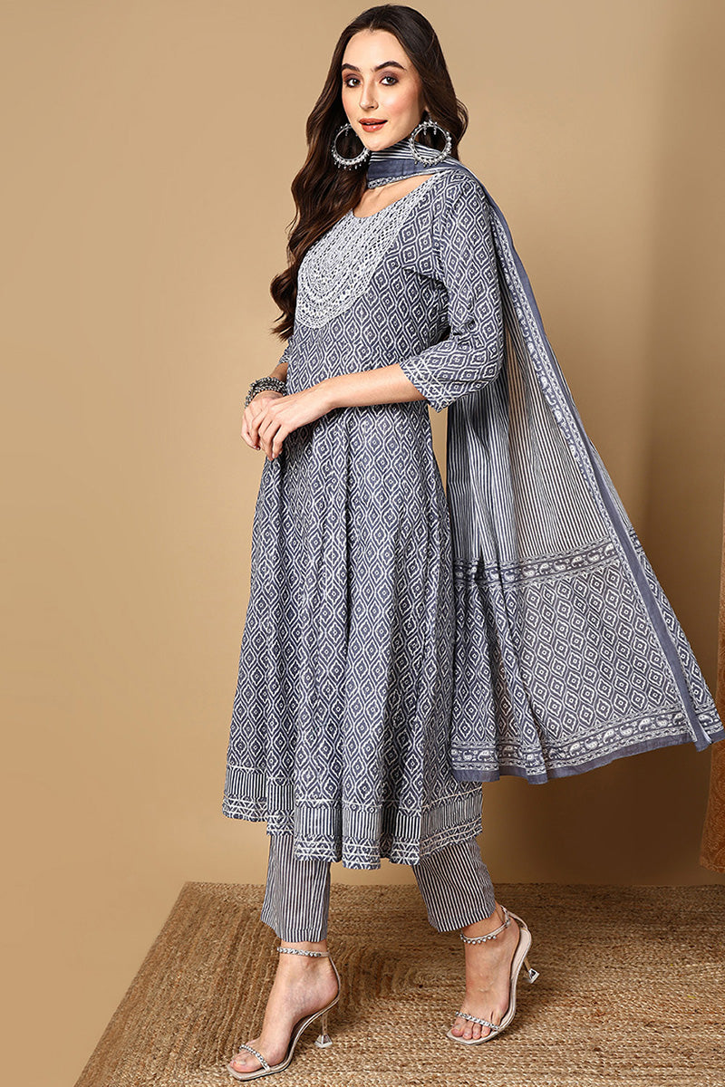 Grey Pure Cotton Geometric Printed A-Line Suit Set VKSKD2030