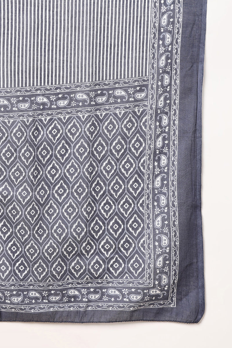Grey Pure Cotton Geometric Printed A-Line Suit Set VKSKD2030
