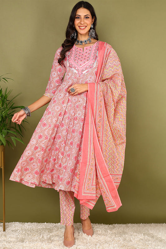 Pink Pure Cotton Floral Printed Yoke Design Anarkali Style Suit Set VKSKD2034