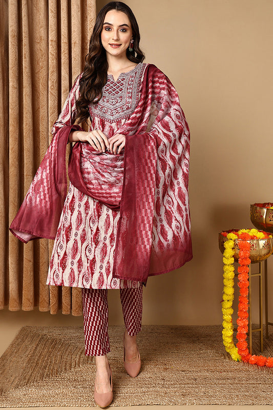 Maroon Silk Blend Printed Ethnic Motifs Yoke Design Suit Set VKSKD2043