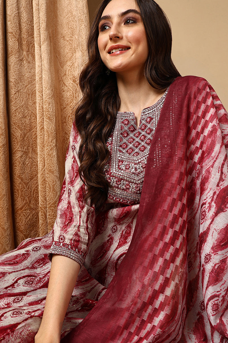 Maroon Silk Blend Printed Ethnic Motifs Yoke Design Suit Set VKSKD2043