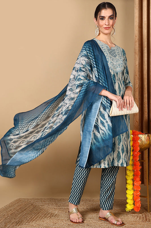 Blue Silk Blend Ethnic Motifs Printed Yoke Design Suit Set VKSKD2044