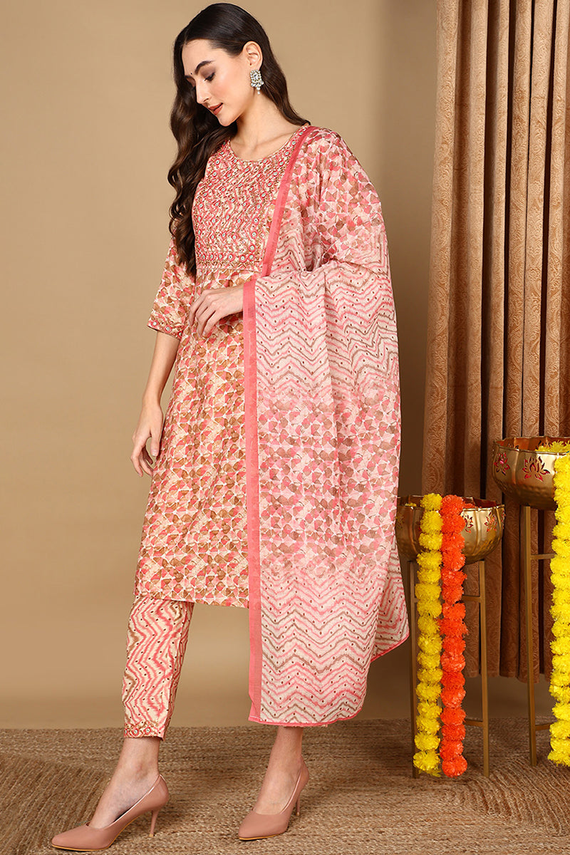 Pink Pure Cotton Geometric Printed Straight Suit Set VKSKD2045