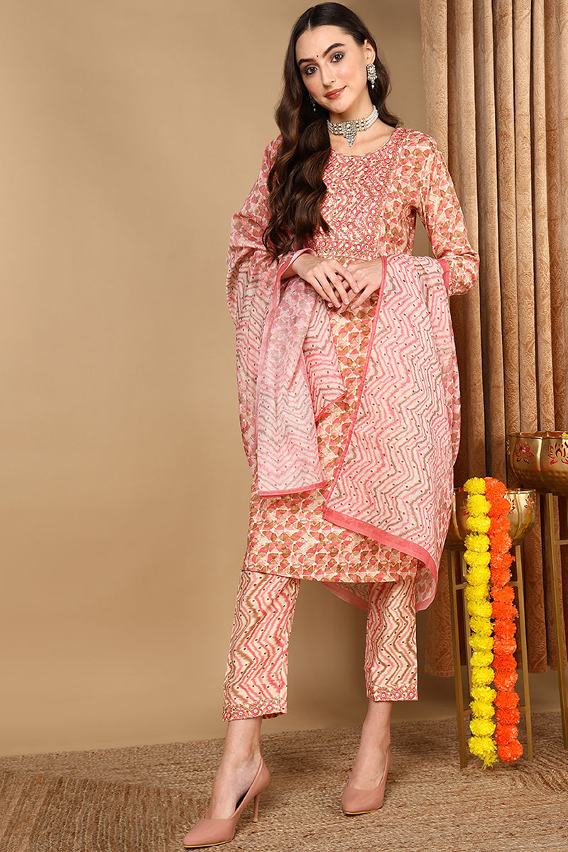 Pink Pure Cotton Geometric Printed Straight Suit Set VKSKD2045