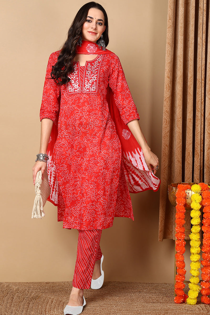 Red Pure Cotton Ethnic Motifs Embroidered Straight Suit Set VKSKD2057