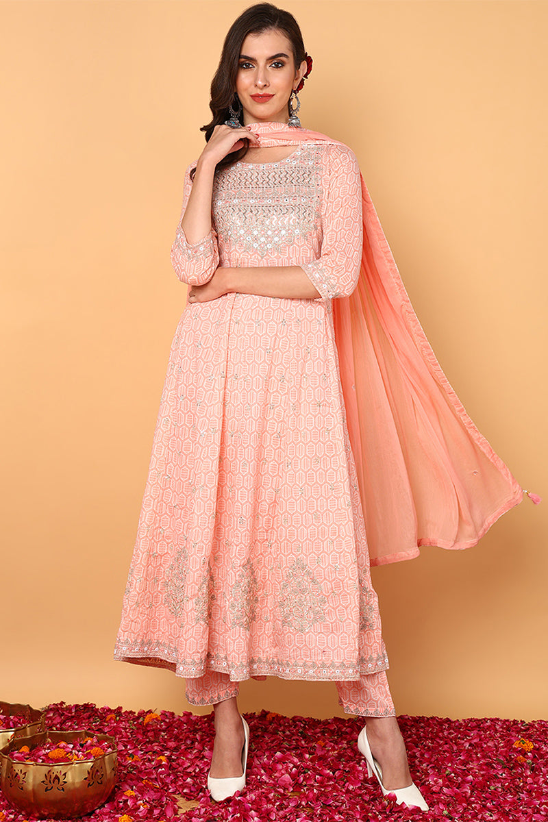 Peach Pure Cotton Geometric Embroidered Flared Suit Set VKSKD2061