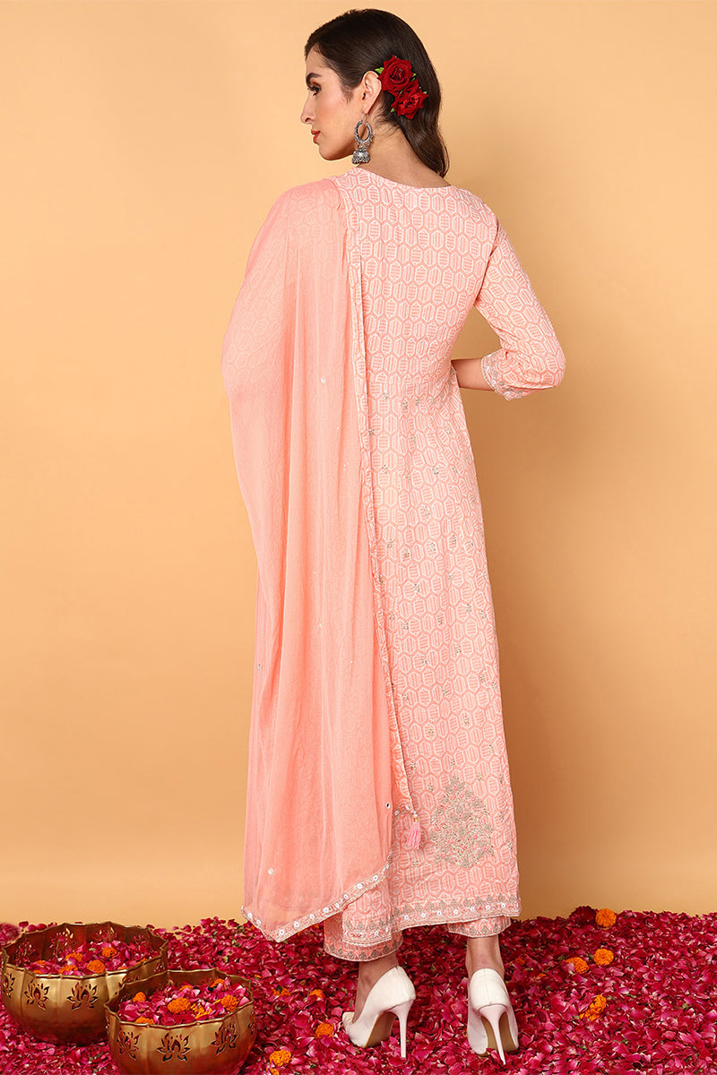 Peach Pure Cotton Geometric Embroidered Flared Suit Set VKSKD2061