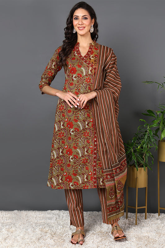 Brown Pure Cotton Ethnic Motifs Printed Angharkha Style Suit Set VKSKD2066