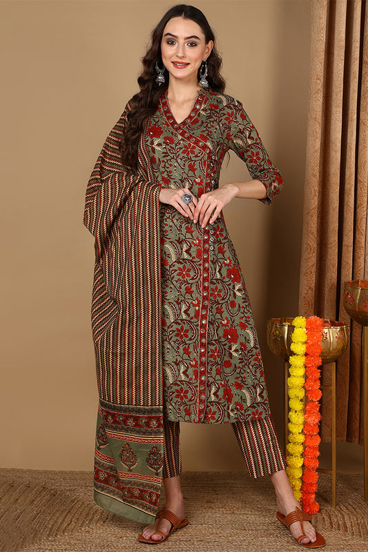 Green Pure Cotton Floral Printed Angarkha Suit Set VKSKD2067