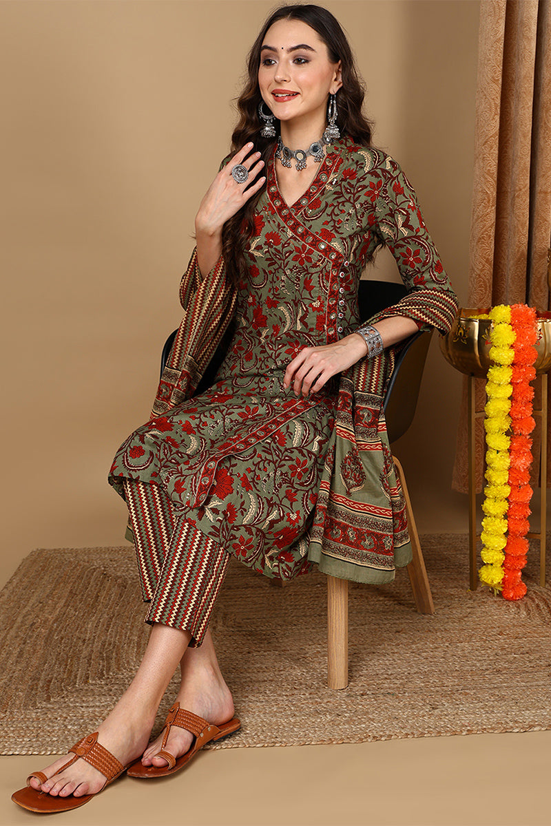 Green Pure Cotton Floral Printed Angarkha Suit Set VKSKD2067