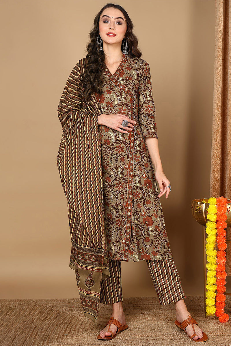 Taupe Pure Cotton Floral Printed Angharkha Suit Set VKSKD2068
