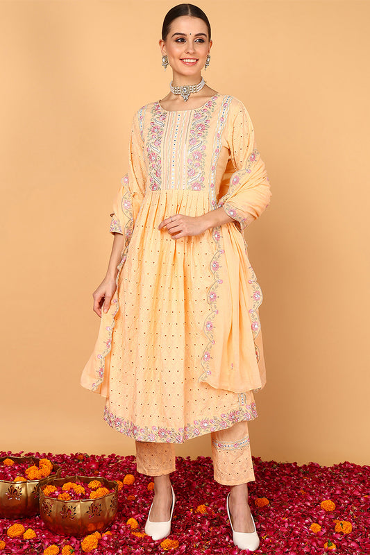 Orange Pure Cotton Solid Embroidered Flared Suit Set VKSKD2073