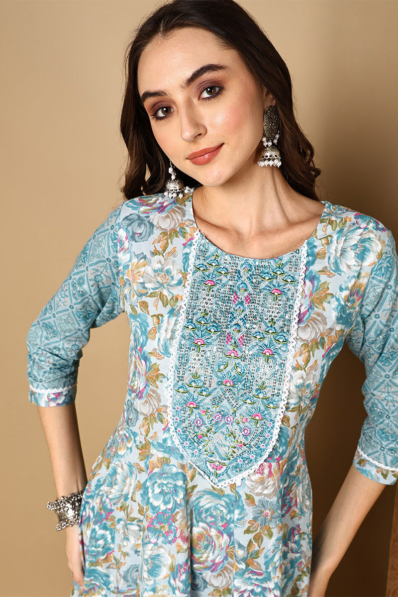 Blue Pure Cotton Floral Printed Anarkali Style Suit Set VKSKD2076