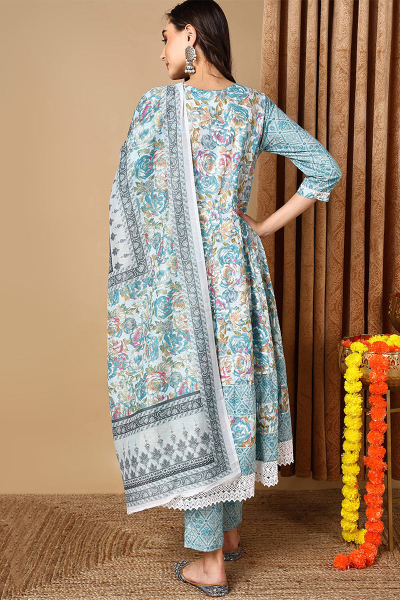 Blue Pure Cotton Floral Printed Anarkali Style Suit Set VKSKD2076
