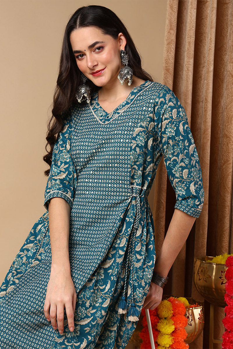 Blue Pure Cotton Floral Printed Flared Suit Set VKSKD2086