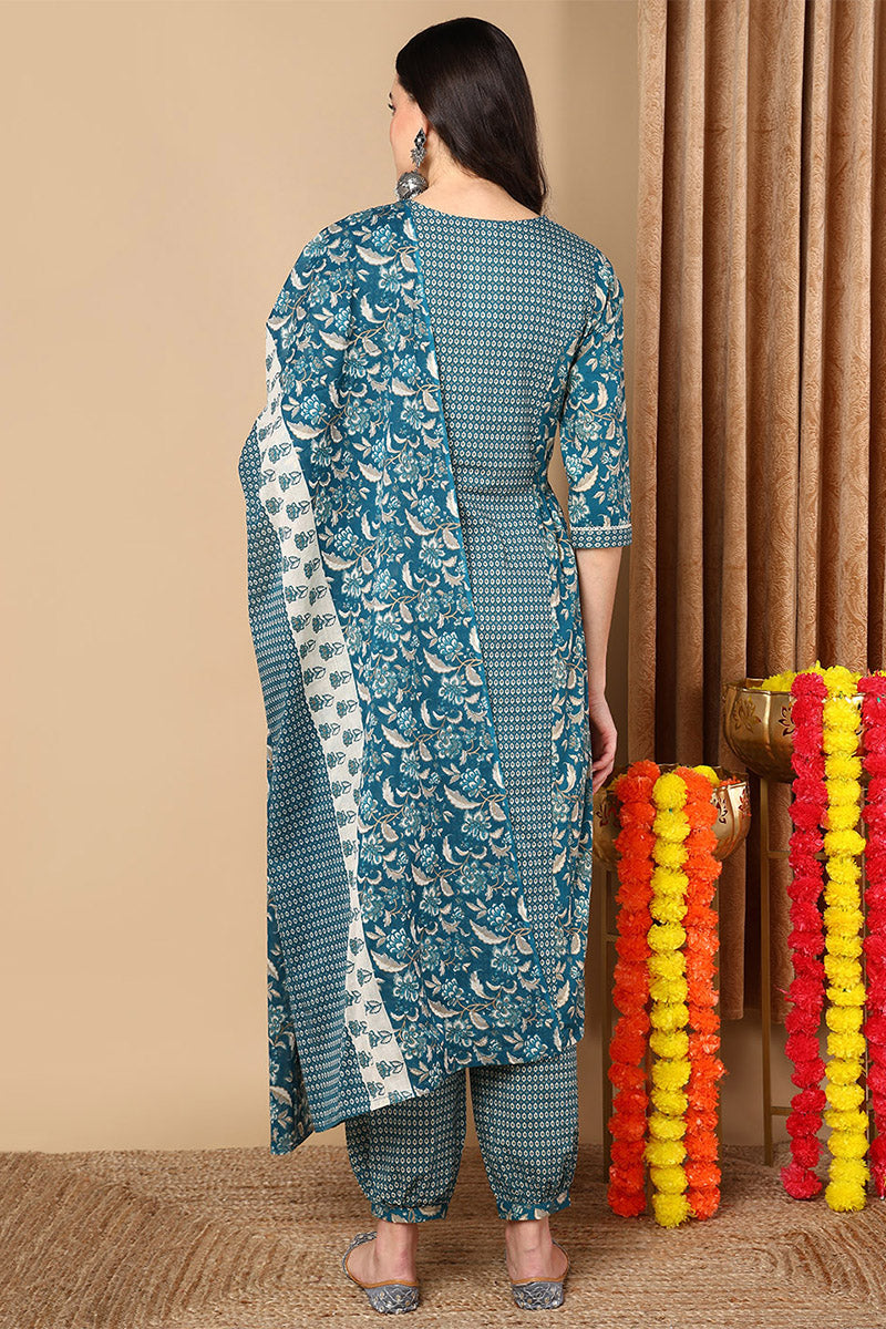 Blue Pure Cotton Floral Printed Flared Suit Set VKSKD2086