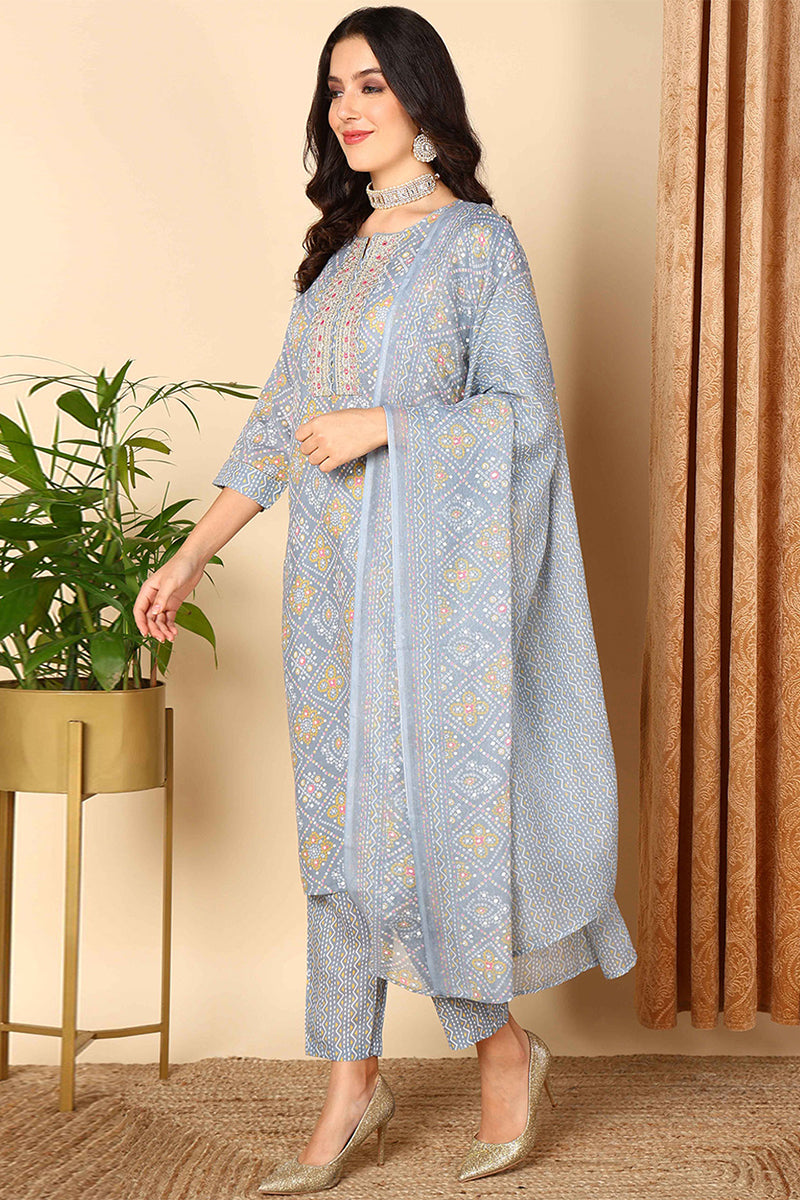 Grey Poly Cotton Bandhani Printed Straight Suit Set VKSKD2091