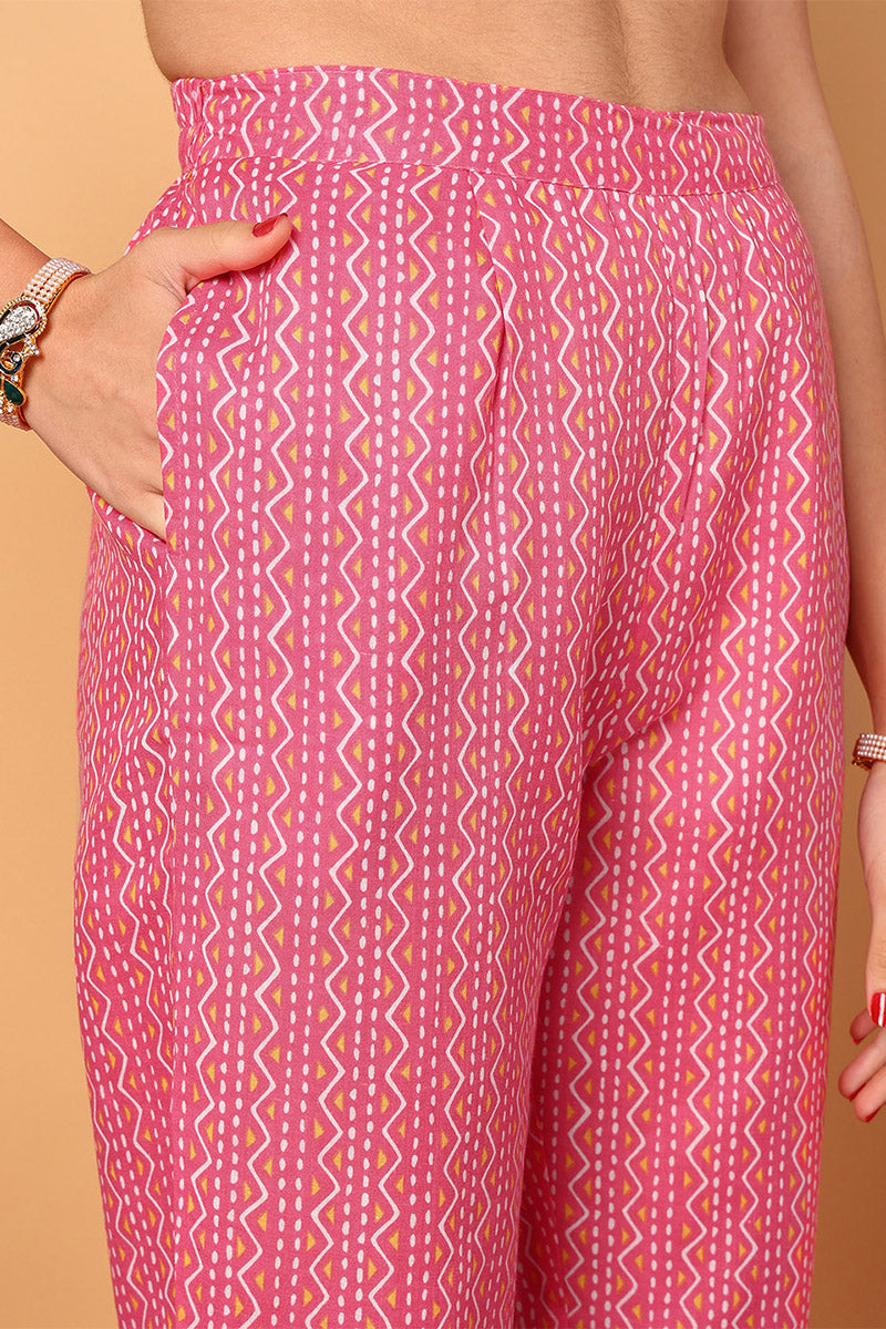 Pink Poly Cotton Bandhani Printed Straight Suit Set VKSKD2094