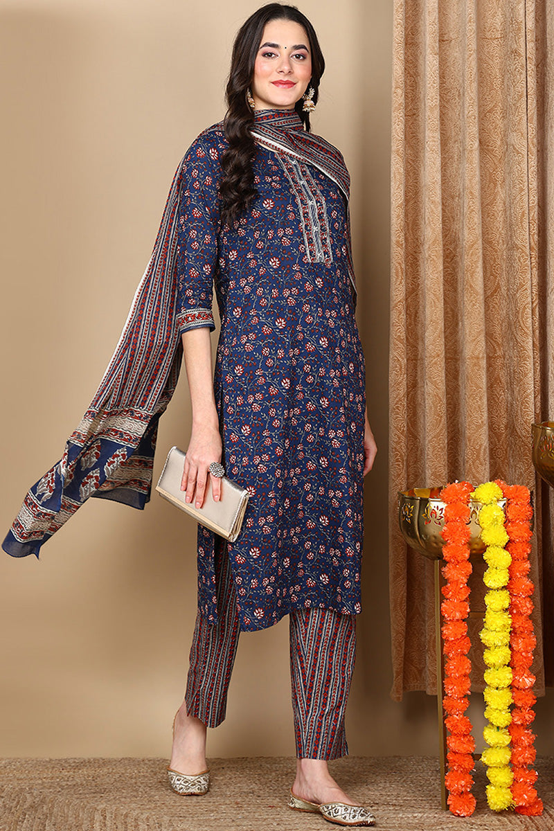 Navy Blue Pure Cotton Floral Printed Flared Suit Set VKSKD2107